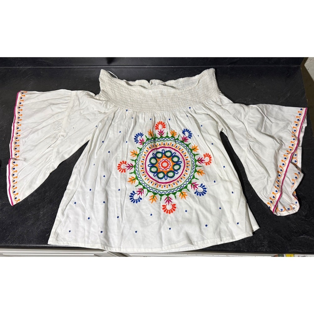 Mud Pie Womens Small White Embroidered Off The Shoulder Bell Sleeve Boho‎ Blouse